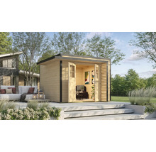 Maison de jardin en bois avec porte double et terrasse avec mobilier de jardin