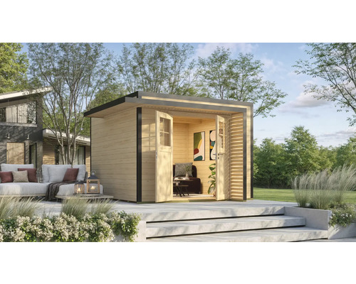 Abri de jardin weka Amberley 28 mm y compris plancher, porte à croisillon 350 x 353 cm naturel Maison de jardin en bois avec porte double et terrasse avec mobilier de jardin