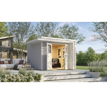 Modernes Gartenhaus mit Doppeltür und Terrasse