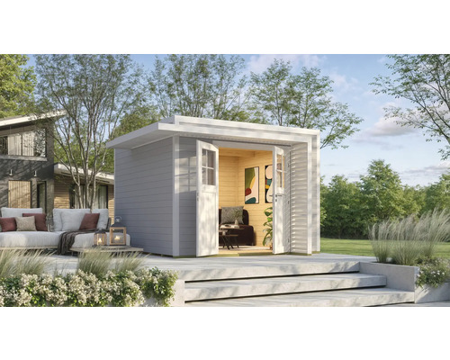 Gartenhaus weka Amberley 28 mm inkl. Fußboden, Tür Sprosse 350 x 353 cm grau-weiß Modernes Gartenhaus mit Doppeltür und Terrasse