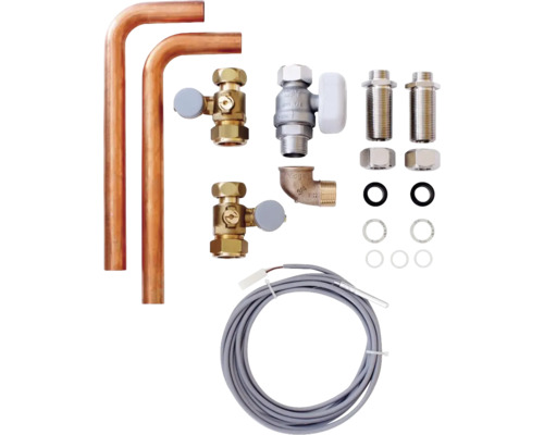 Kit de raccordement de radiateur avec vannes thermostatiques, robinet à boisseau sphérique, coude, tubes, raccords, joints et sonde