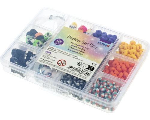 Kit de perles Boy de Glorex dans une boîte de tri avec différentes perles