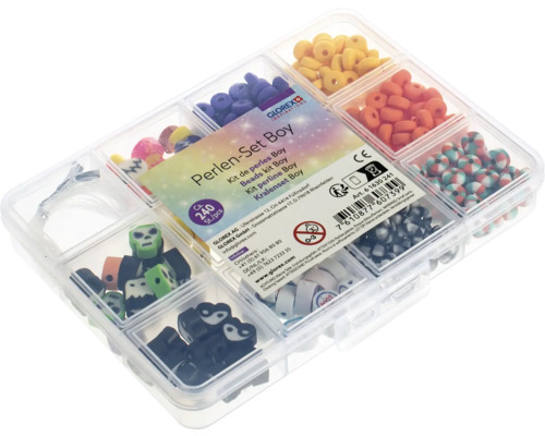 Set de perles Boy avec différentes formes et couleurs de perles dans une boîte de rangement