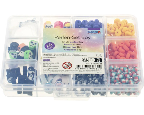 Kit de perles Boy de Glorex dans une boîte de tri avec environ 240 pièces