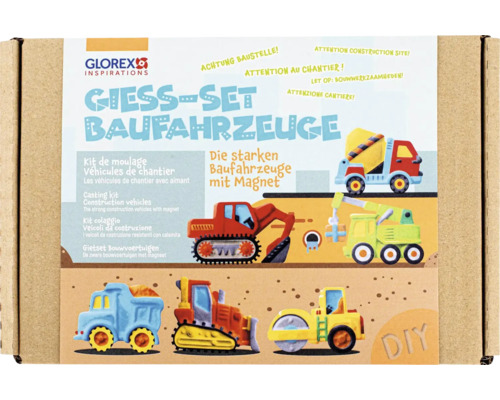 Glorex Kit de moulage véhicules de chantier, un kit de bricolage pour mouler des véhicules de chantier avec aimant