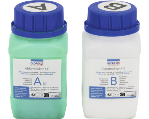 Abformsilikon Formbaumasse hochelastisch Additionsvernetzend 2x 250 g Zwei Flaschen Abformsilikon HE von Glorex, Komponente A und Komponente B, jeweils 250 Gramm