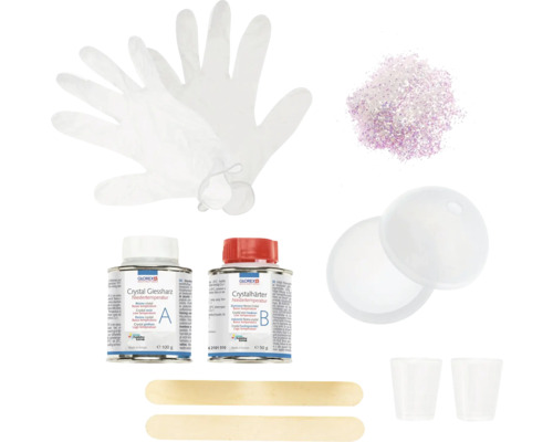 Glorex Gießharz Set mit Gießharz, Härter, Handschuhen, Mundschutz, Bechern, Rührstäben und Glitzer