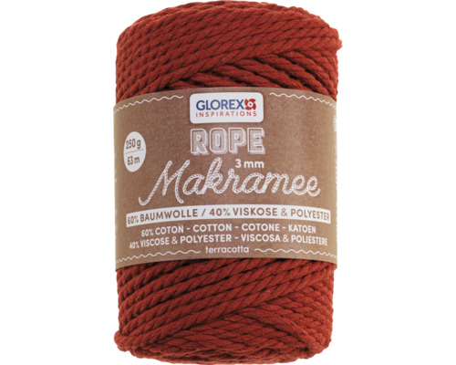 Makramee Rope 3 mm 250 g 63 m dreifädig gedreht terracotta Glorex Makramee Garn Rope, 3 mm, 250 g, 63 m, aus Baumwolle, Viskose und Polyester