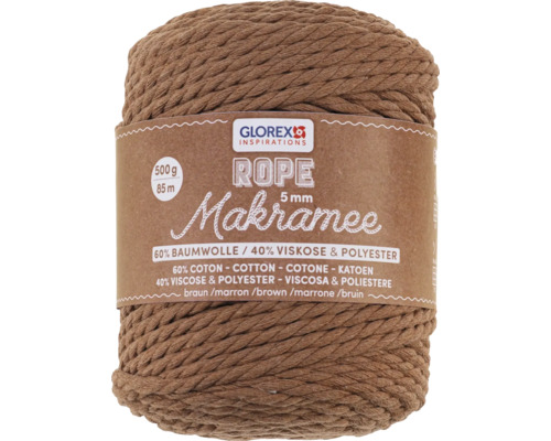 Makramee Rope 5 mm 500 g 85 m dreifädig gedreht braun Glorex Makramee Seil, 5 mm, 500 g Rolle aus 60 Prozent Baumwolle und 40 Prozent Viskose und Polyester