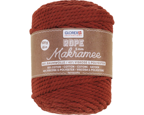 Makramee Rope 5 mm 500 g 85 m dreifädig gedreht terracotta Glorex Makramee Garn, 5 Millimeter dick, 500 Gramm, 60 Prozent Baumwolle, 40 Prozent Viskose und Polyester