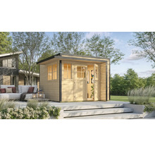 Holzgartenhaus mit Doppeltür auf Terrasse