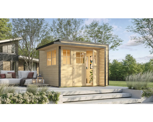 Gartenhaus weka Amberley 28 mm inkl. Fußboden, Fenster 350 x 353 cm natur Holzgartenhaus mit Doppeltür auf Terrasse
