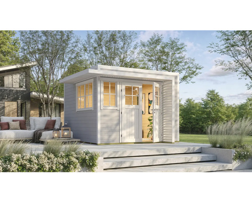 Gartenhaus weka Amberley 28 mm inkl. Fußboden, Fenster 350 x 353 cm grau-weiß Gartenszene mit Holzgartenhaus mit Fenster und offener Tür auf Terrasse