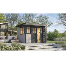 Scène de jardin avec une cabane de jardin moderne en bois avec toit plat et un coin salon en arrière-plan.