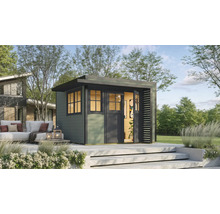 Modernes Gartenhaus mit Flachdach, Fenster und Doppeltür auf einer Terrasse