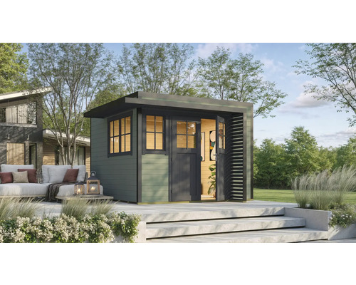 Gartenhaus weka Amberley 28 mm inkl. Fußboden, Fenster 350 x 353 cm graugrün-anthrazit Modernes Gartenhaus mit Flachdach, Fenster und Doppeltür auf einer Terrasse