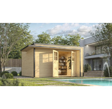 Holzgartenhaus mit geöffneten Doppeltüren neben einem Pool