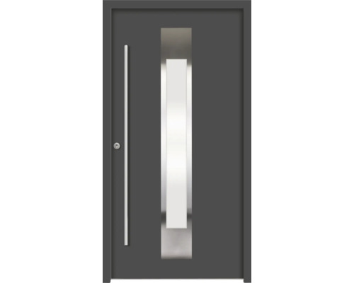 ARON Haustür B18 Aluminium 1000x2100 mm Anthrazitgrau DIN Links (nach innen öffnend) RC 2 inkl. Beschlagset und Profilzylinder mit 3 Schlüssel Graue Haustür mit Glaseinsatz und Griffstange