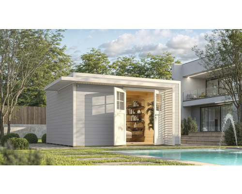 Gartenhaus weka Amberley 44 mm inkl. Fußboden 450 x 455 cm grau-weiß Modernes Gartenhaus mit geöffneten Doppeltüren und heller Inneneinrichtung neben einem Pool