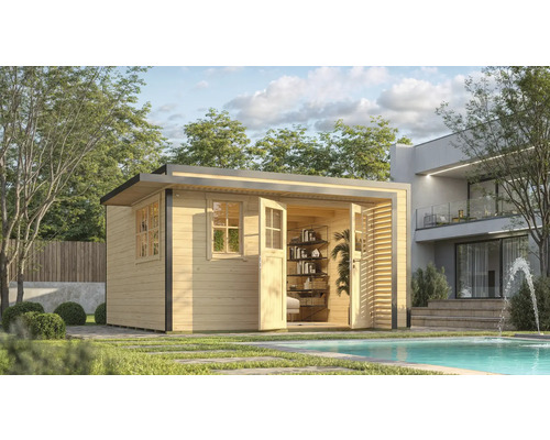Abri de jardin weka Amberley 44 mm y compris plancher, fenêtre 450 x 455 cm naturel Jardin avec cabanon de jardin en bois moderne et piscine