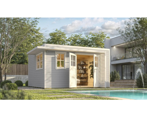 Modernes Gartenhaus mit geöffneten Türen und Blick auf ein Regal