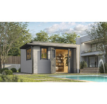 Garten Szene mit modernem Gartenhaus aus Holz, neben einem Pool.