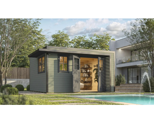 Abri de jardin weka Amberley 44 mm y compris plancher, fenêtre 450 x 455 cm gris vert-anthracite Abri de jardin moderne en bois avec portes doubles ouvertes à côté de la piscine