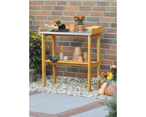 Table à rempoter promadino surface de travail zinguée 84 x 38 x 90 cm marron Table de jardin avec plan de travail en métal, étagère et accessoires de jardinage.