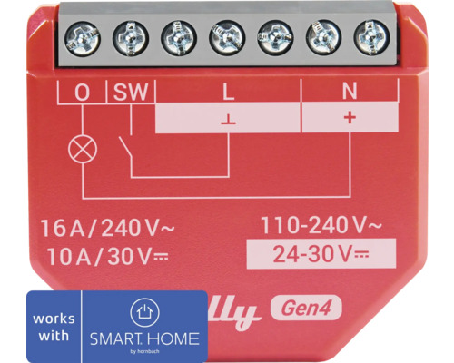 Interrupteur Shelly 1PM Gen4 module encastré avec fonction de mesure du courant rouge Actionneur de commutation Shelly 1 avec schéma de câblage et symbole Smart Home by Hornbach