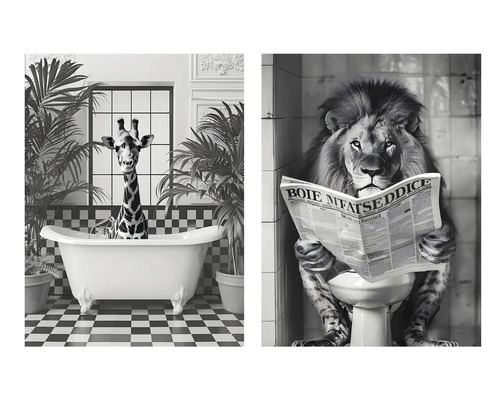 Wandbild mit Giraffe in Badewanne und Löwe auf Toilette, Schwarzweiß-Optik