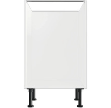 Meuble bas de cuisine blanc avec pieds noirs.