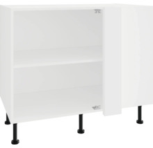 Meuble bas blanc avec porte ouverte et étagères