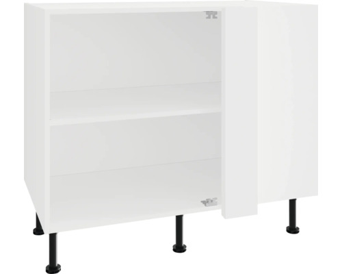 Meuble bas blanc avec porte ouverte et étagères