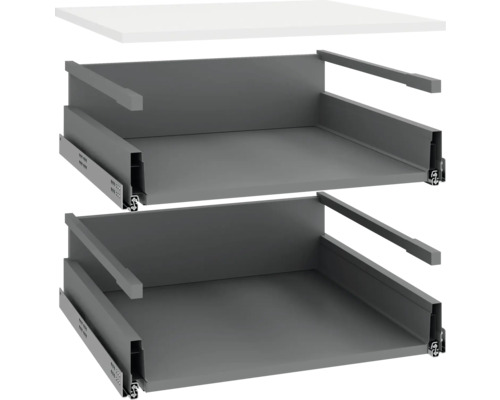 PICCANTE Smart Corps pack fond PICCANTE Smart lxpxh 49,05 x 46,7 x 1,6 cm - - démonté P010 KUC6362-2 Deux tiroirs gris avec glissières et un plateau de table blanc.