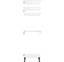 Meuble sous-vasque blanc avec quatre tiroirs et pieds noirs.