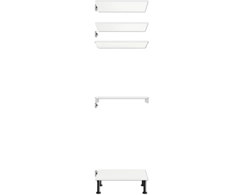 Meuble sous-vasque blanc avec quatre tiroirs et pieds noirs.
