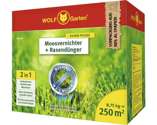 Wolf Garten Moosvernichter plus Rasendünger Packung mit 8.75 Kilogramm für 250 Quadratmeter Rasenfläche.