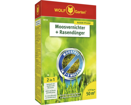 Agent anti-mousse + engrais pour gazon WOLF-Garten, 1,75 kg / 50 m² Reg. n° 3608-908 Emballage Wolf Garten anti-mousse plus engrais pour gazon