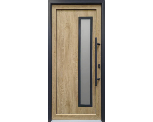 Porte d’entrée Signum Exklusiv Mod. 54 turner oak 1080x2150 mm tirant droit Porte d''entrée en bois avec insert en verre et poignée