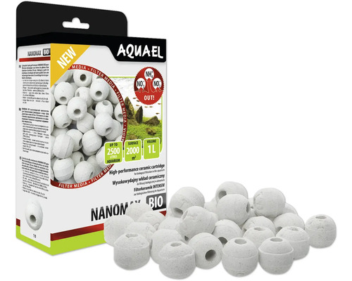 Agent filtrant AQUAEL Nanomax Bio 1 l filtrage biologique Aquael Nanomax Bio masses de filtration pour aquarium avec une surface de 2000 m² et un volume de 1 litre dans l''emballage et en vrac