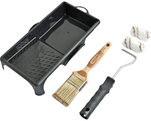 Kit d''application de peinture avec bac à peinture, pinceau, monture de rouleau à peinture et rouleaux à peinture