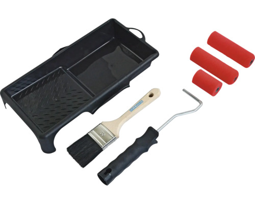 Farbschale, Pinsel, Farbroller und Farbwalzen für Malerarbeiten