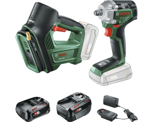 Bosch UniversalPumpe 18V und Bosch UniversalImpactDrive 18V-350 mit Akkus und Ladegerät