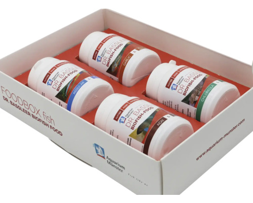 Dr. Bassleer Biofish Food Foodbox avec différents types d'aliments pour poissons dans une boîte blanche