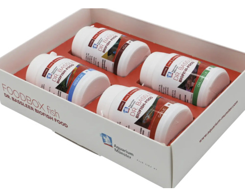 Dr. Bassleer Biofish Foodbox avec différents types d'aliments pour poissons