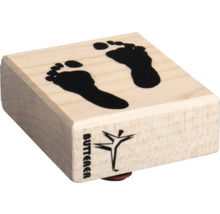 Tampon en bois avec motif d''empreinte de pied et logo Butterer.