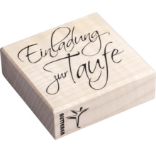 Holzstempel mit dem Schriftzug Einladung zur Taufe