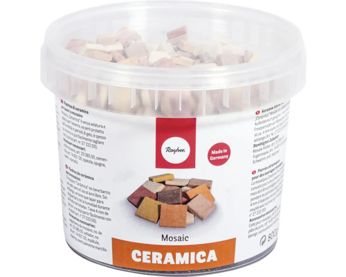 Pierres de mosaïque en céramique dans un récipient transparent avec le logo Rayher et le label Fabriqué en Allemagne