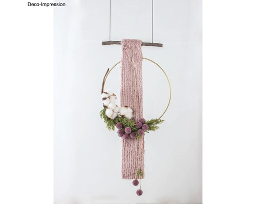 Suspension murale décorative avec anneau, bande textile, plantes, coton et baies