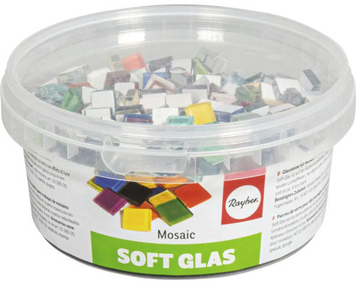 Mosaiksteine aus Glas in einer transparenten Dose